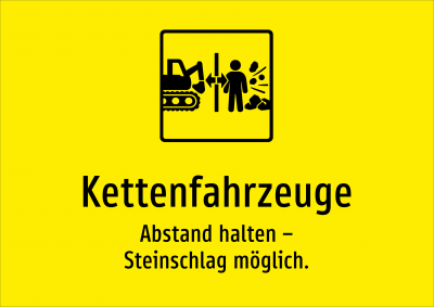 Kettenfahrzeuge - Abstand halten – Steinschlag möglich.